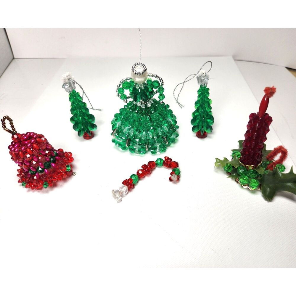 Vintage Handmade Pin & Bead Christmas Ornaments Lot X 6 Trees Angel Bell Candle